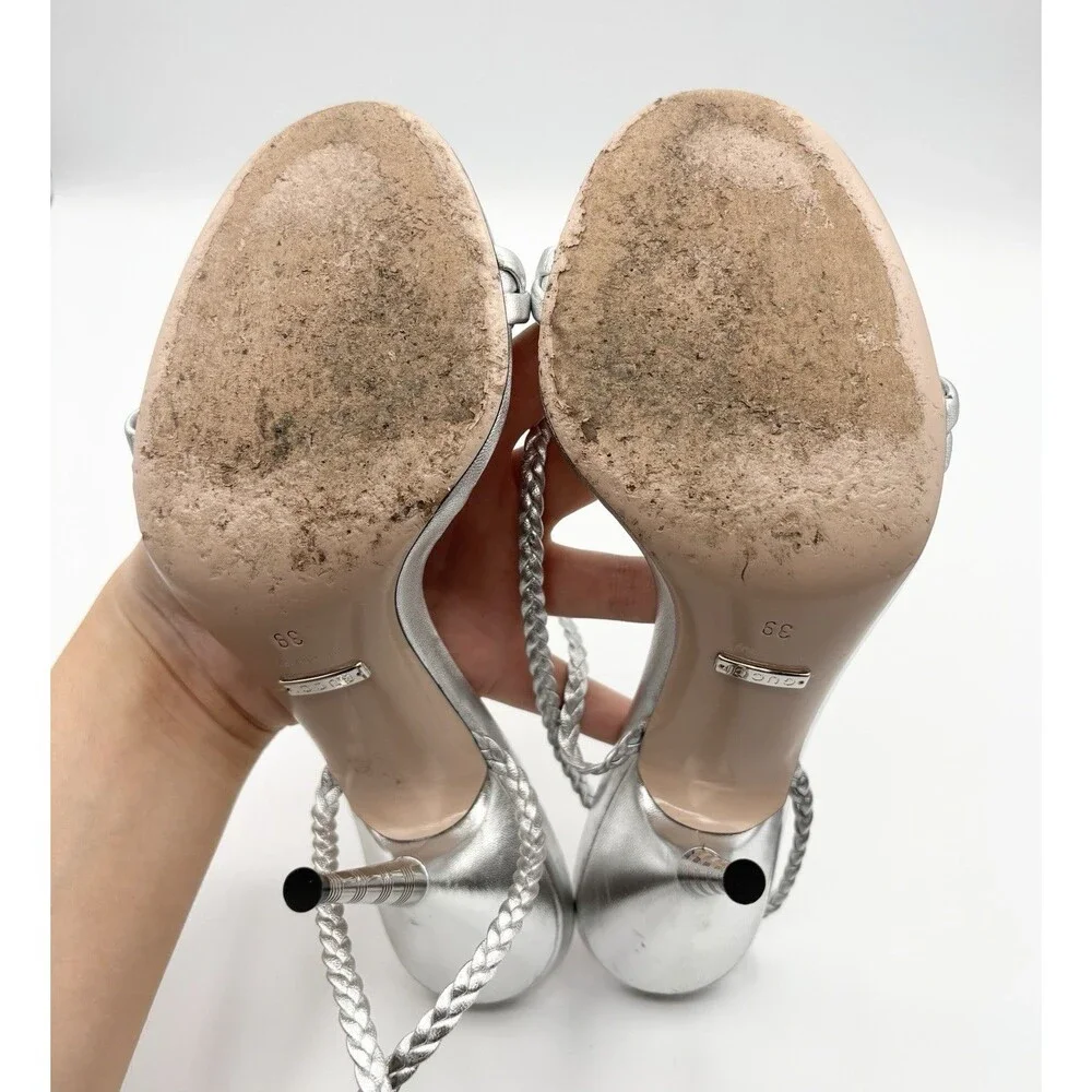 Gucci Silver Braided Strap Nappa Leather Stiletto Heels Sandals SZ EU 39 - Picture 13 of 15
